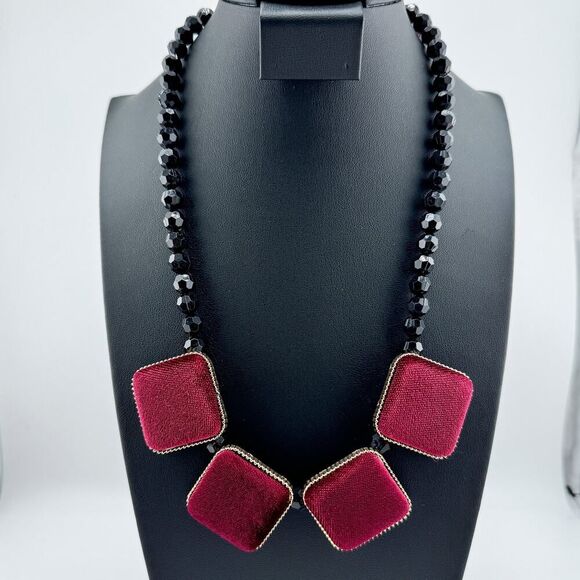 Vintage Japanese Velvet Square Faceted Beaded Necklace Geometric Fuzzy Delicate - Picture 6 of 13